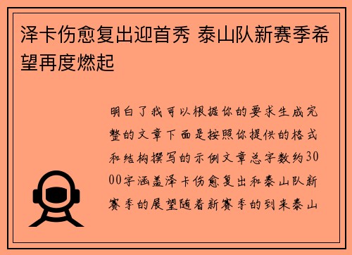 泽卡伤愈复出迎首秀 泰山队新赛季希望再度燃起